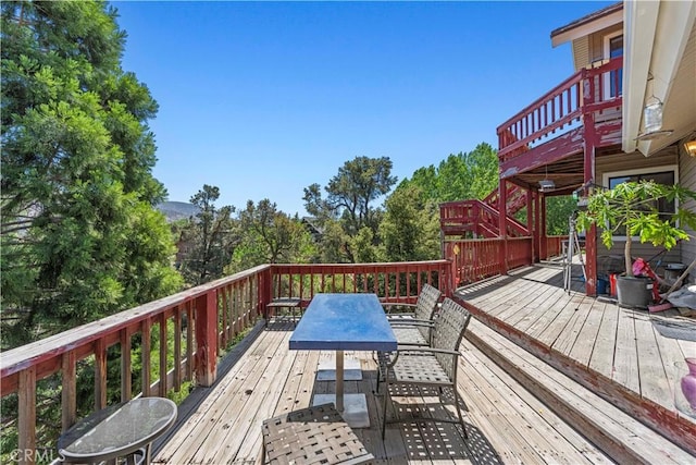 1104 Snowbird Dr, Frazier Park, CA 93225 - wooden deck with outdoor dining area and stairway
