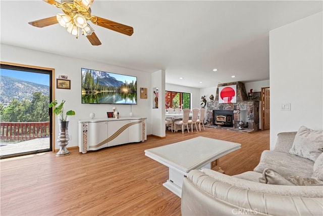 1104 Snowbird Dr, Frazier Park, CA 93225 - living room featuring light wood finished floors, ceiling fan, and recessed lighting