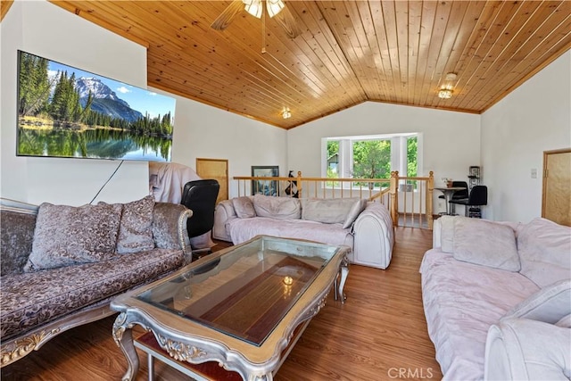 1104 Snowbird Dr, Frazier Park, CA 93225 - living room featuring lofted ceiling, wooden ceiling, wood finished floors, and ceiling fan
