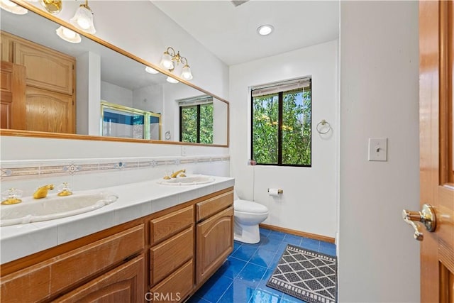 1104 Snowbird Dr, Frazier Park, CA 93225 - bathroom with double vanity, a stall shower, and tile patterned flooring