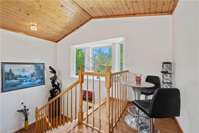 1104 Snowbird Dr, Frazier Park, CA 93225 - stairway with vaulted ceiling, wood finished floors, and wood ceiling