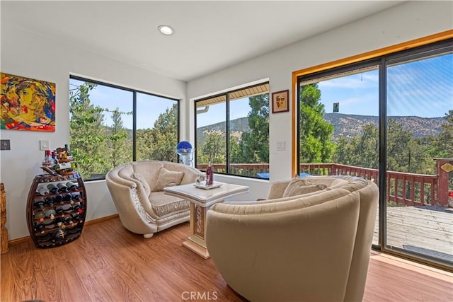 1104 Snowbird Dr, Frazier Park, CA 93225 - living room with wood finished floors, a mountain view, and recessed lighting