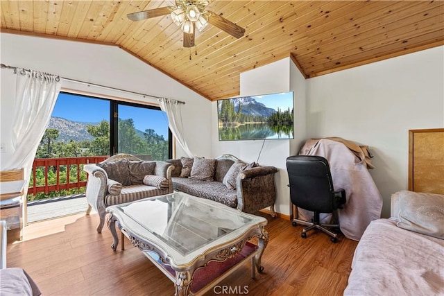 1104 Snowbird Dr, Frazier Park, CA 93225 - living area with vaulted ceiling, wood ceiling, ceiling fan, and wood finished floors