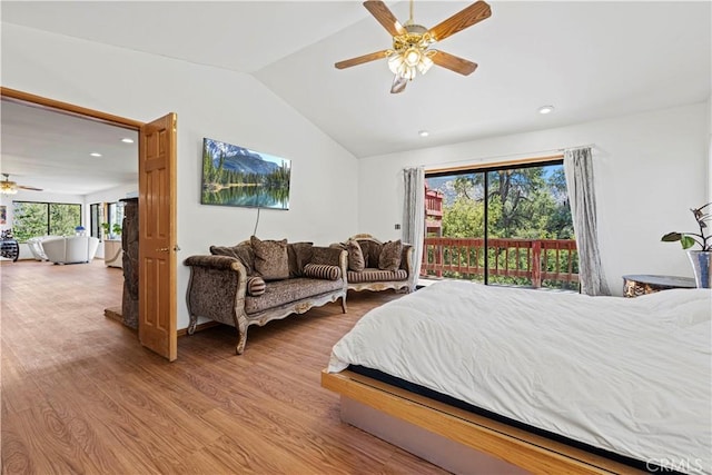 1104 Snowbird Dr, Frazier Park, CA 93225 - bedroom with vaulted ceiling, wood finished floors, access to outside, recessed lighting, and a ceiling fan