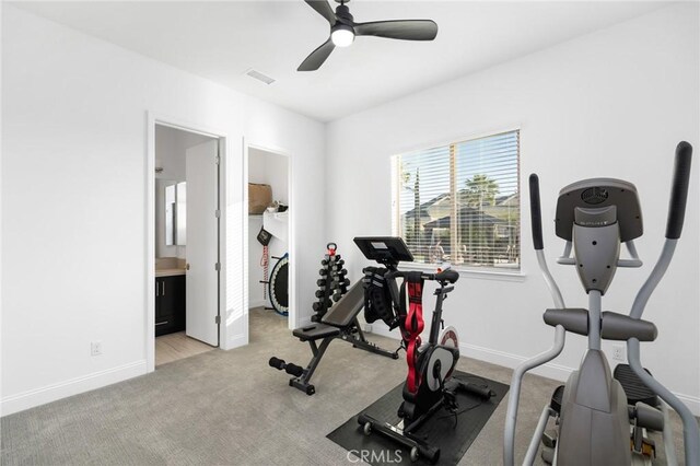 41783 Valencia Way, Temecula, CA 92592 - exercise area featuring ceiling fan and light carpet