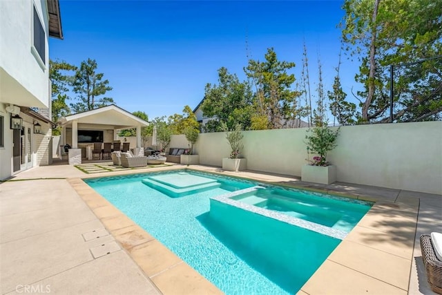 2056 Dublin Dr, Glendale, CA 91206 - view of pool with an outdoor hangout area, a fenced backyard, a pool with connected hot tub, and a patio area