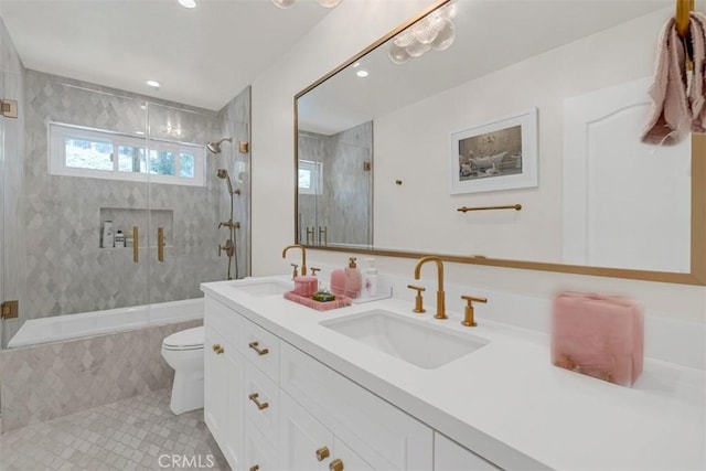 2056 Dublin Dr, Glendale, CA 91206 - bathroom with tiled shower / bath, double vanity, tile patterned flooring, and recessed lighting