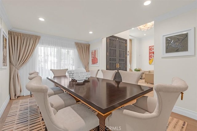 2056 Dublin Dr, Glendale, CA 91206 - dining room featuring recessed lighting, a chandelier, crown molding, and light wood-style flooring