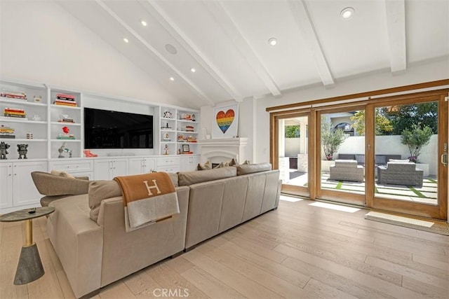 2056 Dublin Dr, Glendale, CA 91206 - living room featuring light wood finished floors, recessed lighting, a fireplace, and built in features