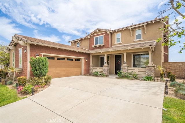 13243 Stanton Dr, Rancho Cucamonga, CA 91739 - craftsman-style house featuring a porch, a garage, driveway, stucco siding, and stone siding