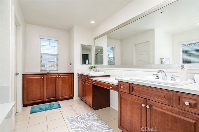 13243 Stanton Dr, Rancho Cucamonga, CA 91739 - full bath featuring double vanity, tile patterned flooring, a tub to relax in, and recessed lighting