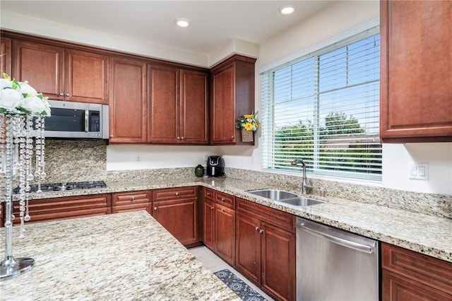 13243 Stanton Dr, Rancho Cucamonga, CA 91739 - kitchen with appliances with stainless steel finishes, light stone counters, recessed lighting, tasteful backsplash, and light tile patterned floors
