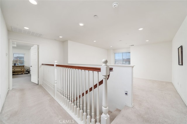 13243 Stanton Dr, Rancho Cucamonga, CA 91739 - hallway with carpet floors, an upstairs landing, and recessed lighting