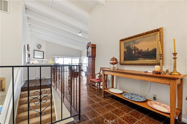 750 Luisita St, Morro Bay, CA 93442 - hall with a wooden ceiling with exposed beams and high vaulted ceiling