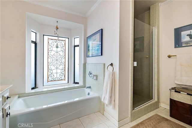 750 Luisita St, Morro Bay, CA 93442 - full bath featuring vanity, a stall shower, a garden tub, tile patterned flooring, and ornamental molding