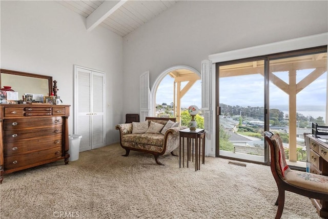 750 Luisita St, Morro Bay, CA 93442 - living area with carpet floors, healthy amount of natural light, high vaulted ceiling, and a wooden ceiling with exposed beams