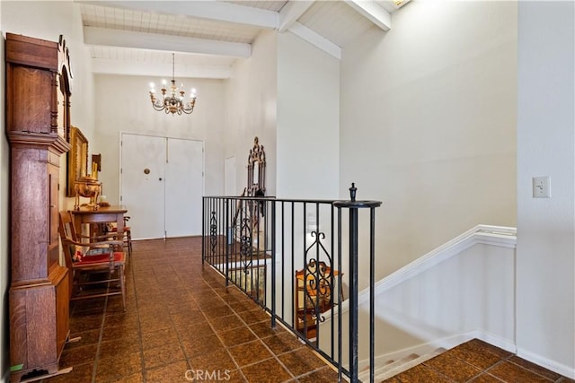 750 Luisita St, Morro Bay, CA 93442 - foyer entrance featuring a chandelier, beamed ceiling, and high vaulted ceiling