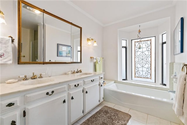 750 Luisita St, Morro Bay, CA 93442 - bathroom featuring double vanity, a garden tub, tile patterned floors, and crown molding