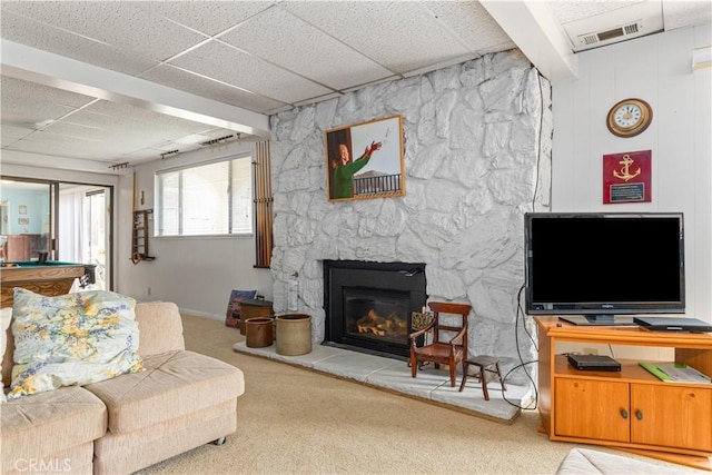 750 Luisita St, Morro Bay, CA 93442 - living area featuring pool table, a drop ceiling, carpet, and a fireplace