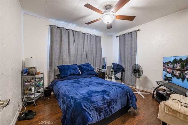 228 S 4th St, Santa Paula, CA 93060 - bedroom featuring a textured wall, ornamental molding, wood finished floors, and ceiling fan