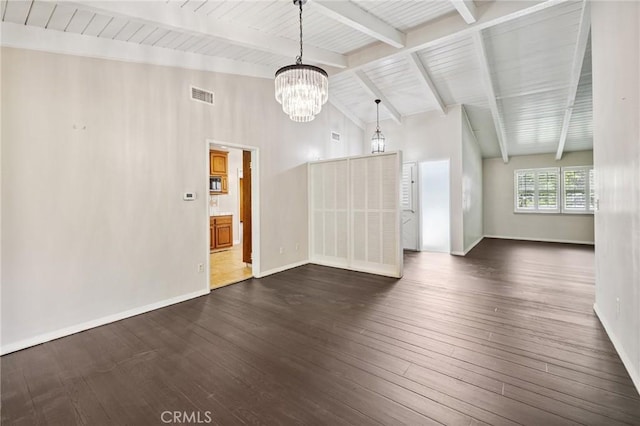 1296 Tiger Tail Dr, Riverside, CA 92506 - unfurnished living room featuring a chandelier, beam ceiling, dark wood-style flooring, and high vaulted ceiling
