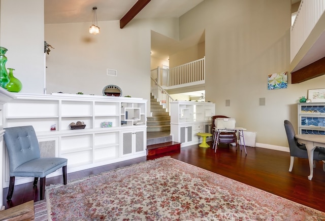 23402 Devonshire Dr, Lake Forest, CA 92630 - living room with wood finished floors, high vaulted ceiling, stairway, and beamed ceiling