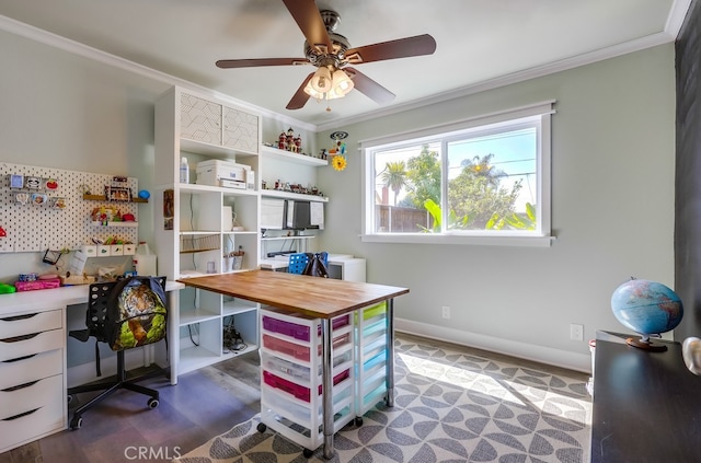 23402 Devonshire Dr, Lake Forest, CA 92630 - home office with ornamental molding, a ceiling fan, and wood finished floors