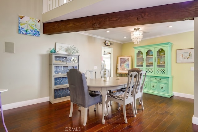 23402 Devonshire Dr, Lake Forest, CA 92630 - dining room with dark wood-style floors, ornamental molding, a chandelier, and recessed lighting