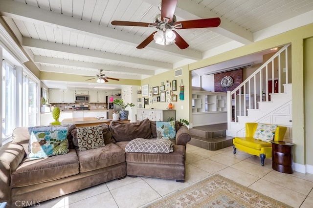 23402 Devonshire Dr, Lake Forest, CA 92630 - living area featuring a ceiling fan, light tile patterned floors, stairs, and a wooden ceiling with exposed beams