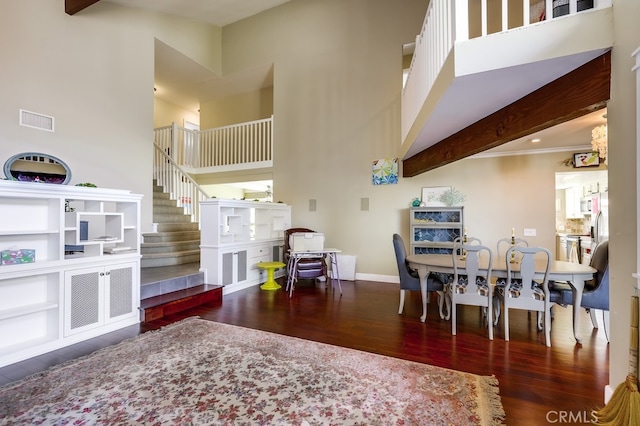 23402 Devonshire Dr, Lake Forest, CA 92630 - dining room with a high ceiling, wood finished floors, and stairway