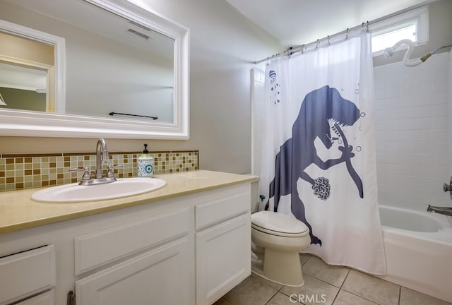 23402 Devonshire Dr, Lake Forest, CA 92630 - full bathroom with tile patterned flooring, vanity, tasteful backsplash, and shower / bathtub combination with curtain