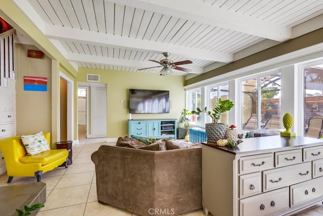 23402 Devonshire Dr, Lake Forest, CA 92630 - living area with light tile patterned floors, beamed ceiling, and ceiling fan