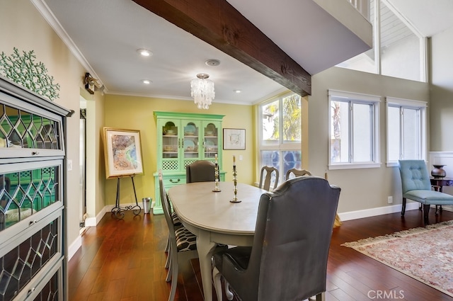 23402 Devonshire Dr, Lake Forest, CA 92630 - dining room with dark wood-type flooring, ornamental molding, beam ceiling, recessed lighting, and a chandelier