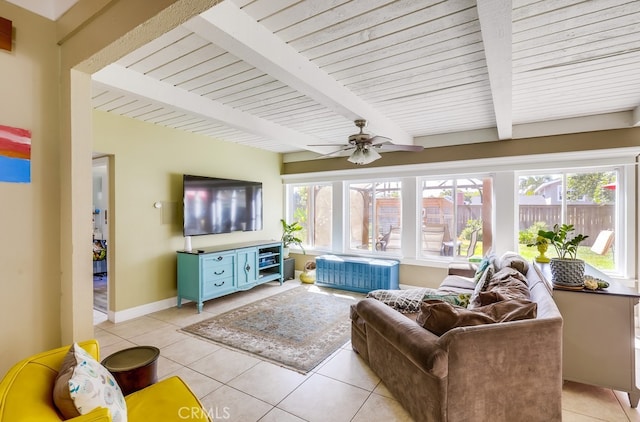 23402 Devonshire Dr, Lake Forest, CA 92630 - living room with light tile patterned floors, a ceiling fan, and a wood ceiling with exposed beams