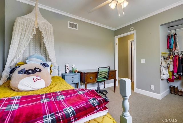23402 Devonshire Dr, Lake Forest, CA 92630 - carpeted bedroom featuring ornamental molding, a ceiling fan, and a closet