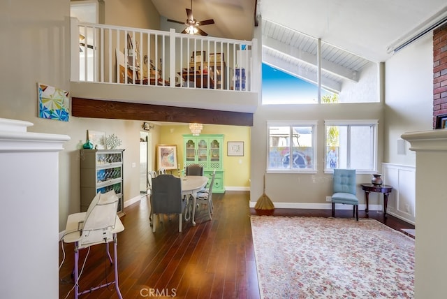 23402 Devonshire Dr, Lake Forest, CA 92630 - living area with high vaulted ceiling, hardwood / wood-style flooring, ceiling fan, and beamed ceiling