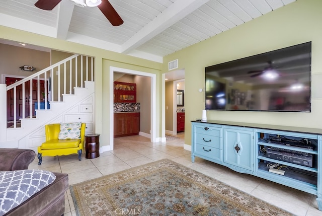 23402 Devonshire Dr, Lake Forest, CA 92630 - living area featuring a ceiling fan, stairs, light tile patterned flooring, and beamed ceiling