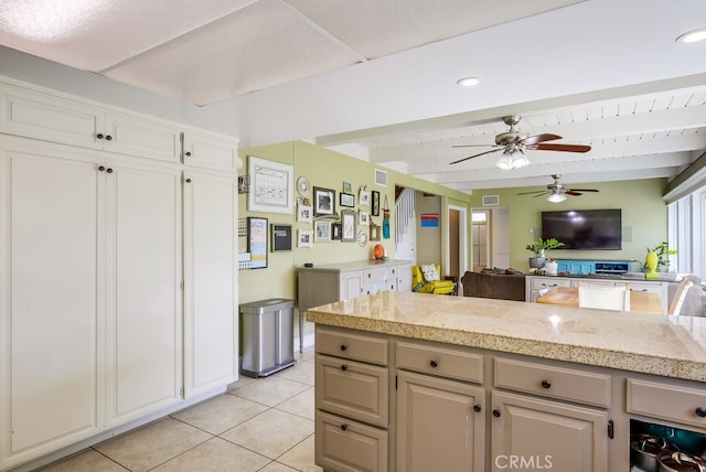 23402 Devonshire Dr, Lake Forest, CA 92630 - kitchen featuring light tile patterned floors, a ceiling fan, open floor plan, beamed ceiling, and tile countertops