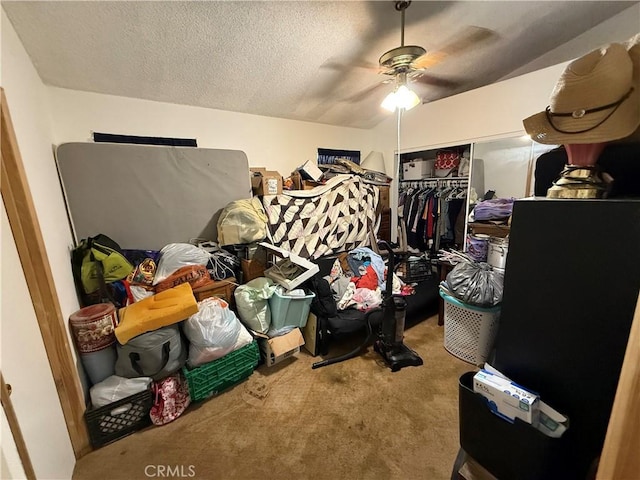 5320 Jonah St, Bakersfield, CA 93307 - bedroom featuring carpet, a closet, a textured ceiling, and ceiling fan