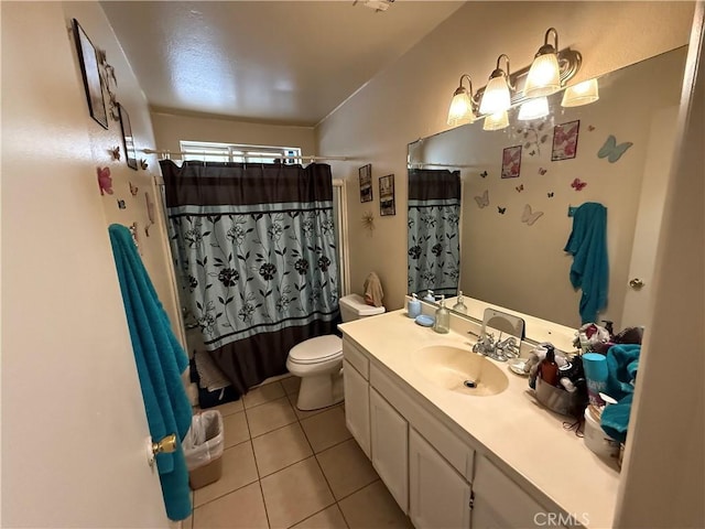 5320 Jonah St, Bakersfield, CA 93307 - full bath featuring vanity, tile patterned floors, a shower with shower curtain, and vaulted ceiling