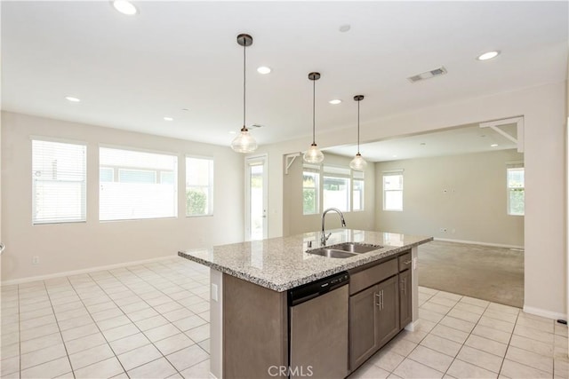 16123 Apricot Ave, Chino, CA 91708 - kitchen featuring dishwasher, open floor plan, light tile patterned floors, recessed lighting, and light carpet