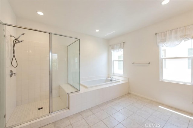 16123 Apricot Ave, Chino, CA 91708 - bathroom with a shower stall, a bath, tile patterned floors, and recessed lighting