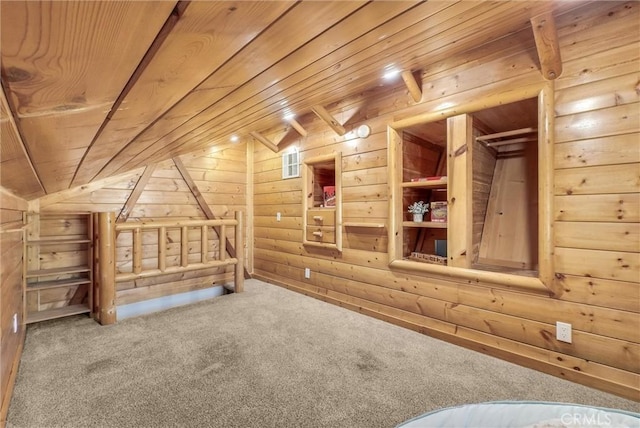 5560 Feather Grass Ln, Yorba Linda, CA 92887 - unfurnished bedroom featuring carpet, wooden walls, wooden ceiling, and lofted ceiling