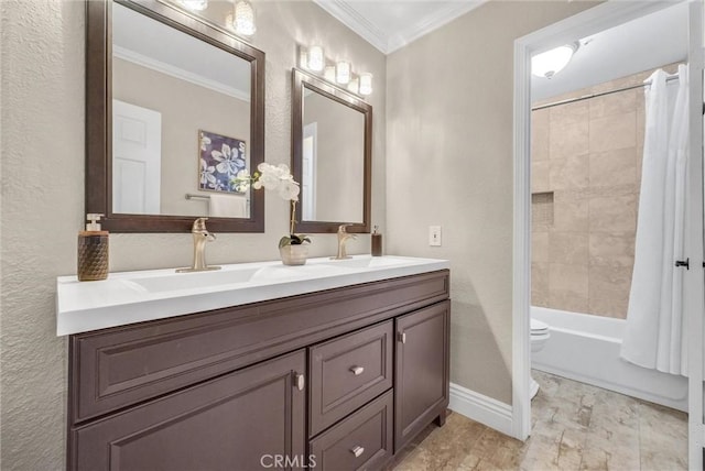 5560 Feather Grass Ln, Yorba Linda, CA 92887 - bathroom featuring double vanity, crown molding, shower / tub combo, and a textured wall