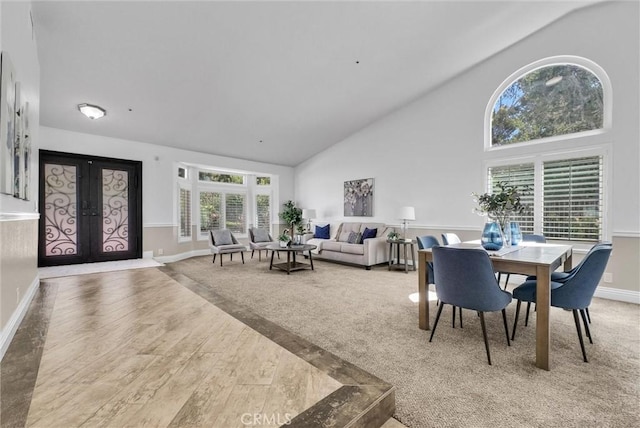 5560 Feather Grass Ln, Yorba Linda, CA 92887 - dining room with high vaulted ceiling, french doors, and wood finished floors