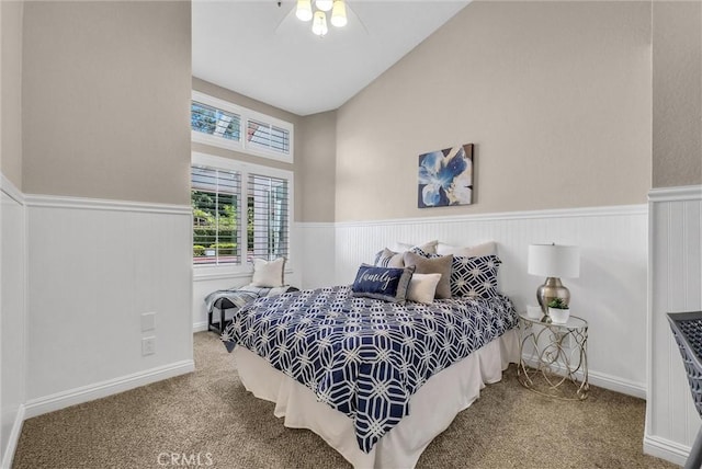 5560 Feather Grass Ln, Yorba Linda, CA 92887 - carpeted bedroom featuring a wainscoted wall, ceiling fan, and high vaulted ceiling