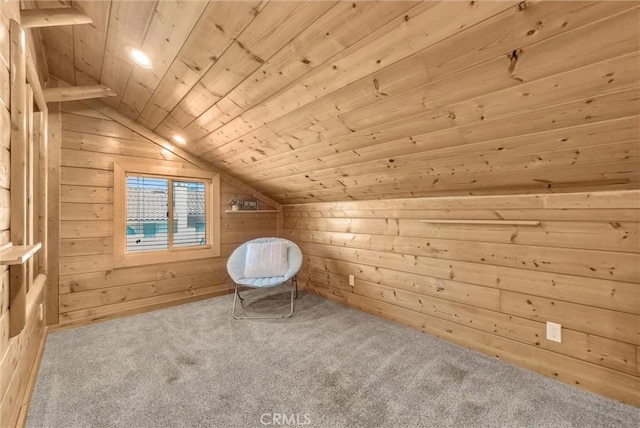 5560 Feather Grass Ln, Yorba Linda, CA 92887 - additional living space featuring wood ceiling, wooden walls, lofted ceiling, and carpet flooring