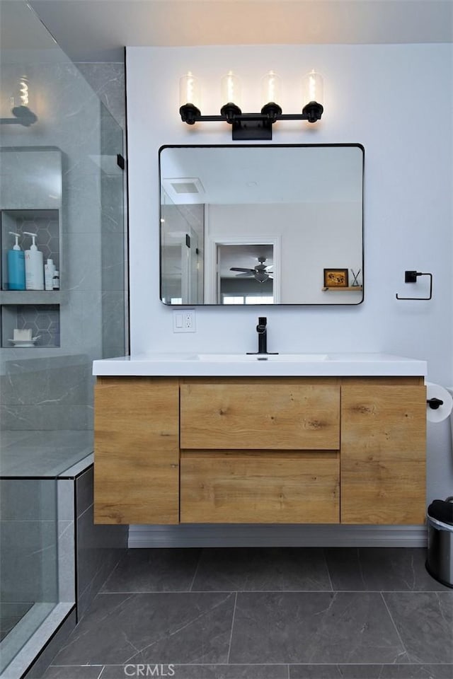 4140 Warner Blvd Unit 302, Burbank, CA 91505 - full bathroom featuring ceiling fan, a tile shower, and vanity