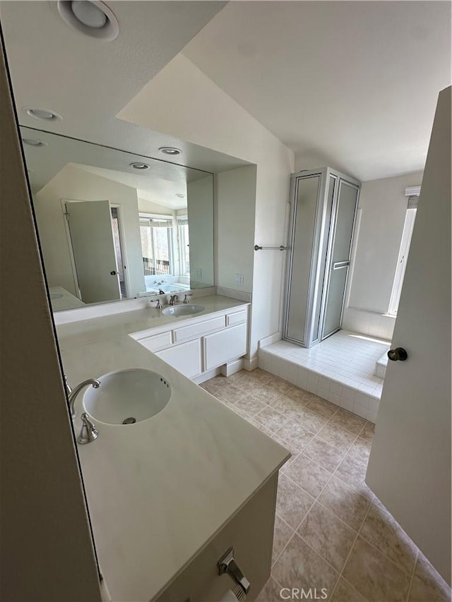 15 Hilltop Cir, Rancho Palos Verdes, CA 90275 - full bath with vanity, tile patterned floors, a shower stall, and vaulted ceiling