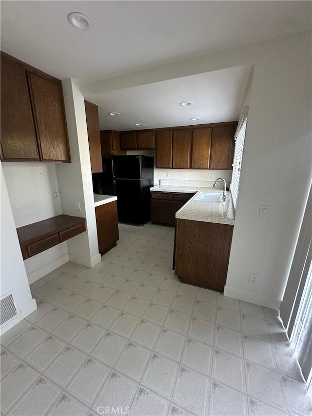 15 Hilltop Cir, Rancho Palos Verdes, CA 90275 - kitchen featuring freestanding refrigerator, recessed lighting, and dark brown cabinetry